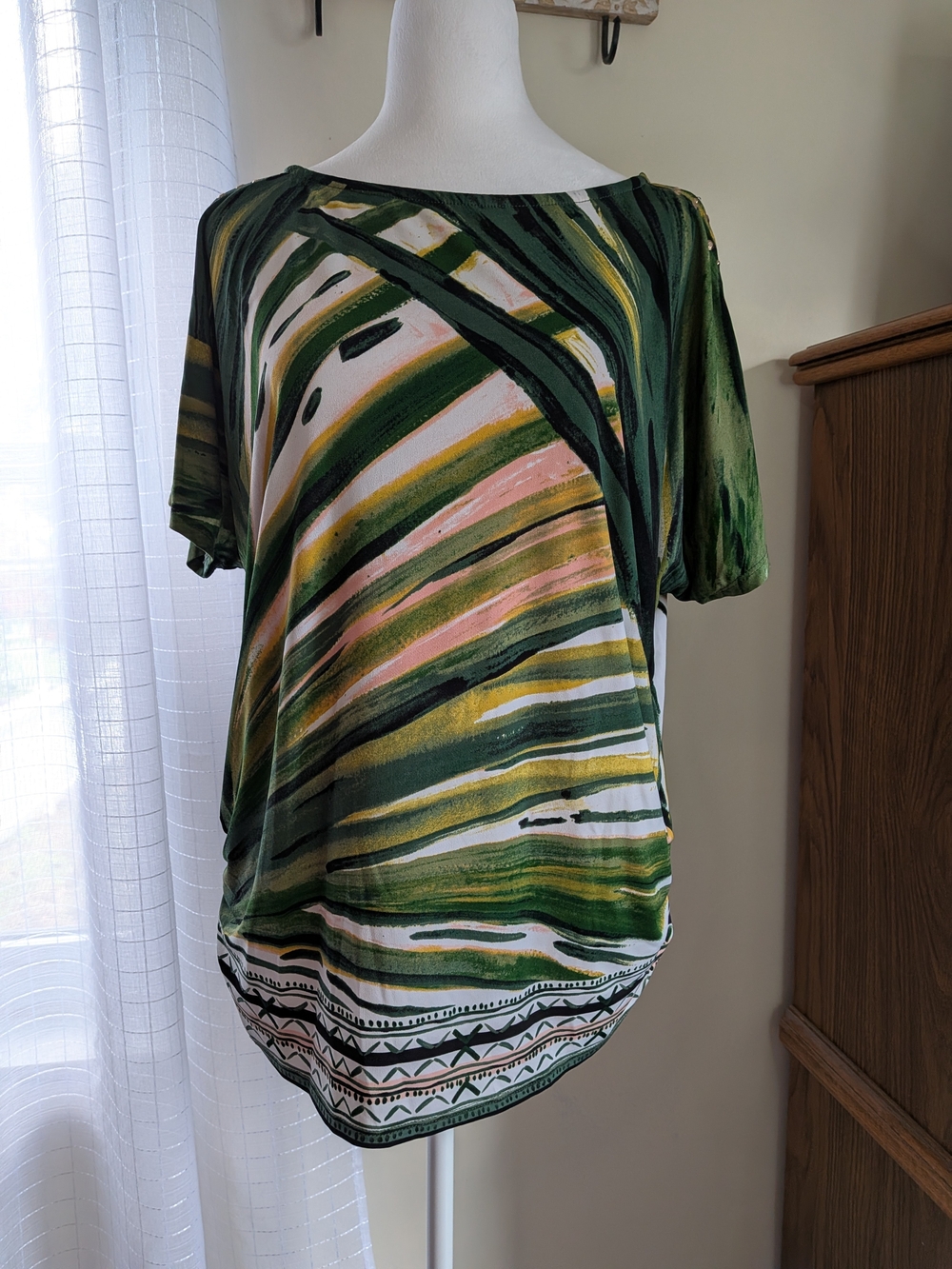 JM Collection Green Striped Abstract Short Sleeve Top